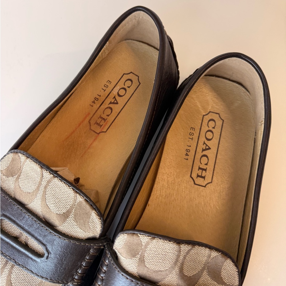 Coach Men’s Neal Signature C Jacquard Leather Driving Loafers Brown Q907 Size 13 - Picture 2 of 12